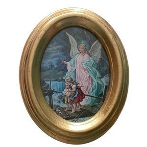 Vintage Guardian Angel Framed Oval Art Print Italy